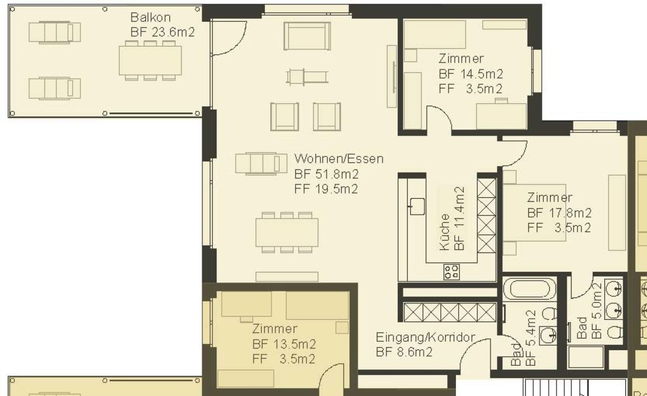 Grundriss einer Wohnung mit Balkon, Wohn-/Essbereich, Küche, mehreren Zimmern, Flur und Bädern