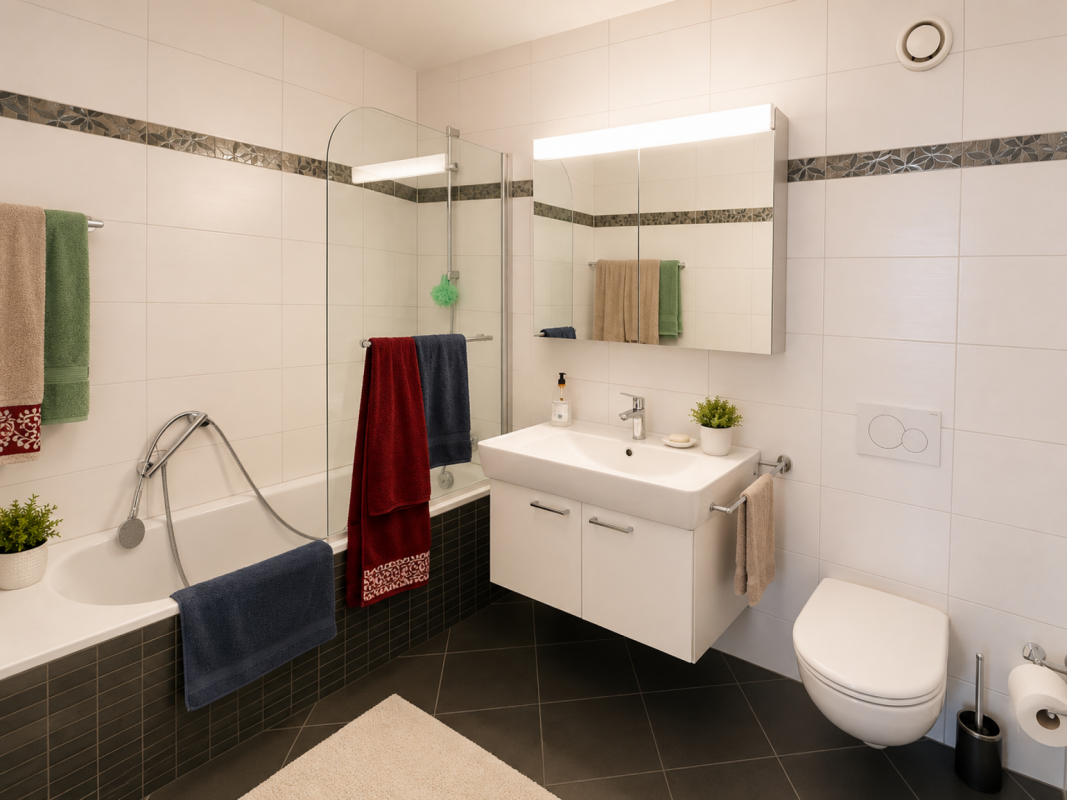 Modernes Badezimmer mit Badewanne, Dusche und Waschtisch