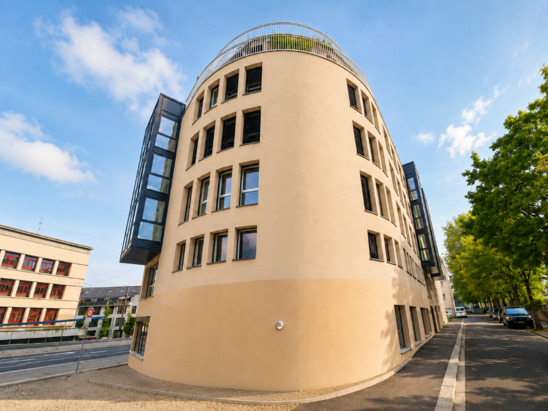 Modernes Mehrfamilienhaus mit runder Fassade
