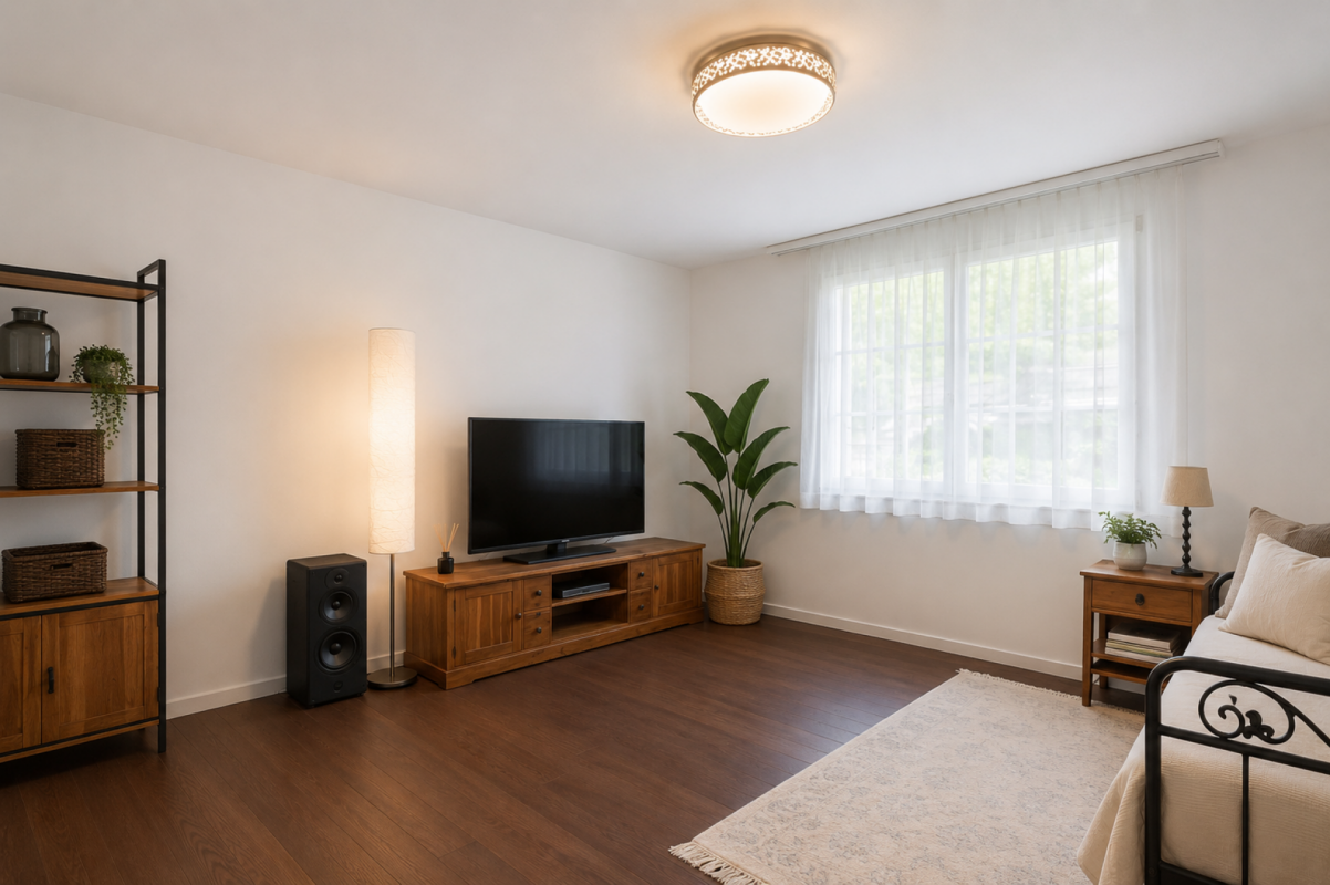 Helles Wohnzimmer mit Holzoptik und großem Fenster