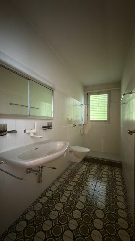 Badezimmer mit Vintage-Boden und kleiner Dusche