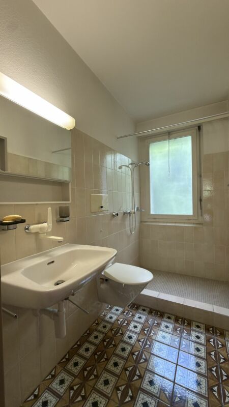 Badezimmer mit Dusche und Waschbecken