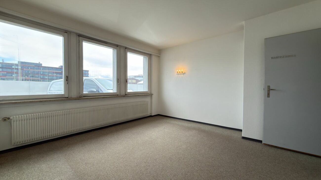 Heller leerer Raum mit Teppichboden und großen Fenstern