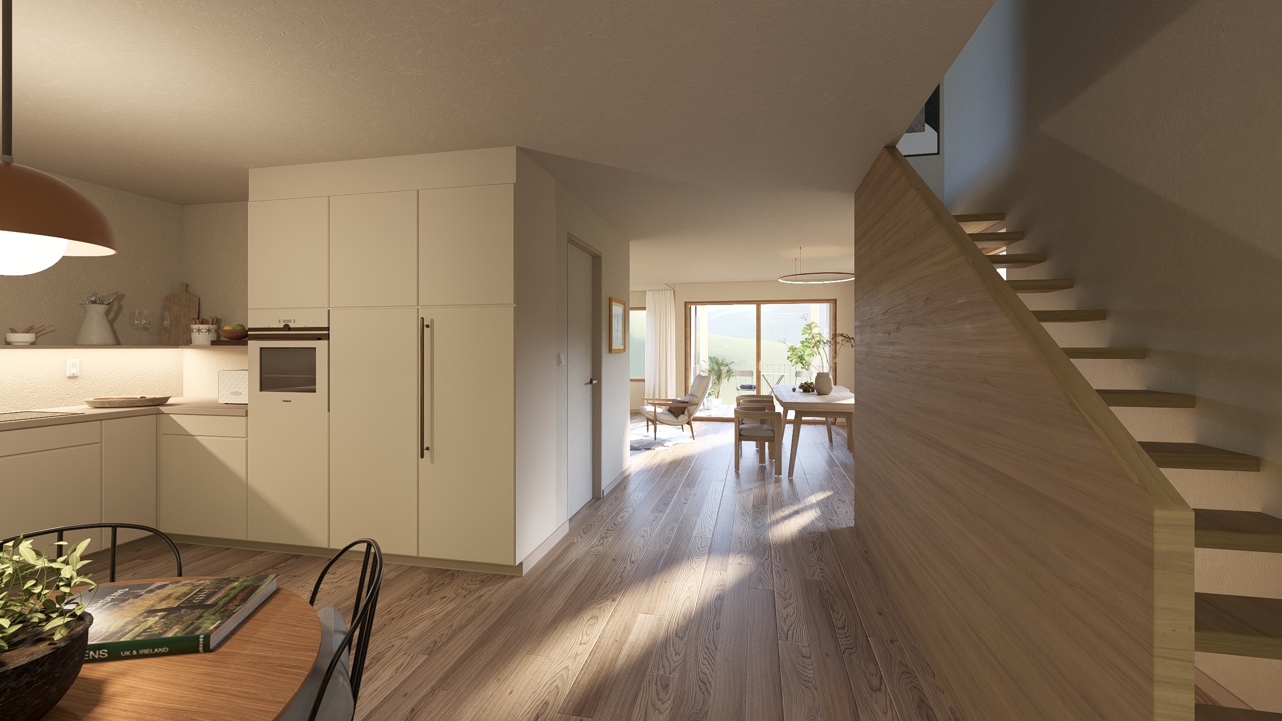 Offener Wohn-, Ess- und Kochbereich mit Treppe