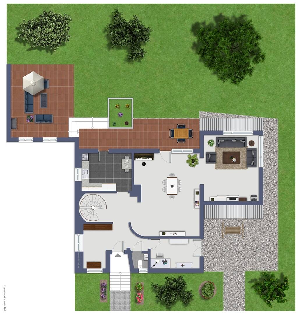 Grundriss einer Wohnimmobilie mit Garten und Terrassenbereichen