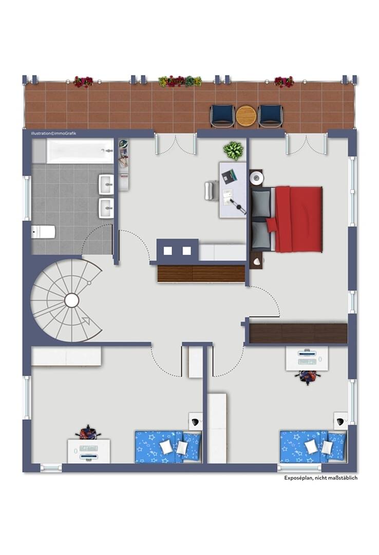 Grundriss einer Maisonette mit Dachterrasse