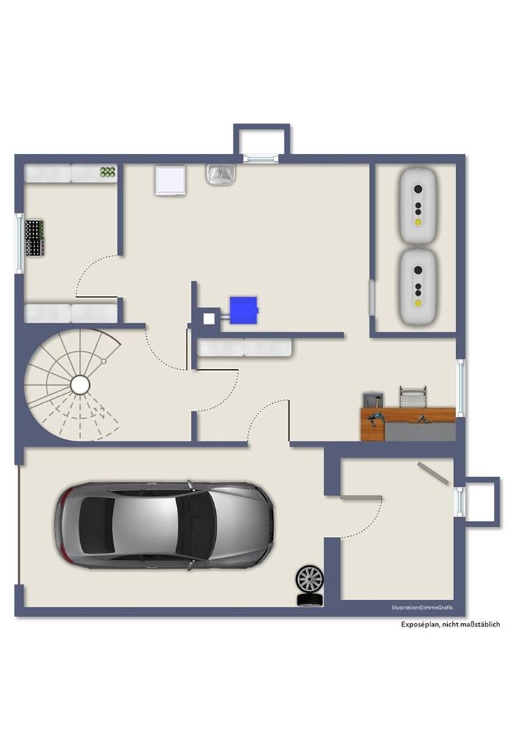 Grundriss einer Garage mit Nebenräumen