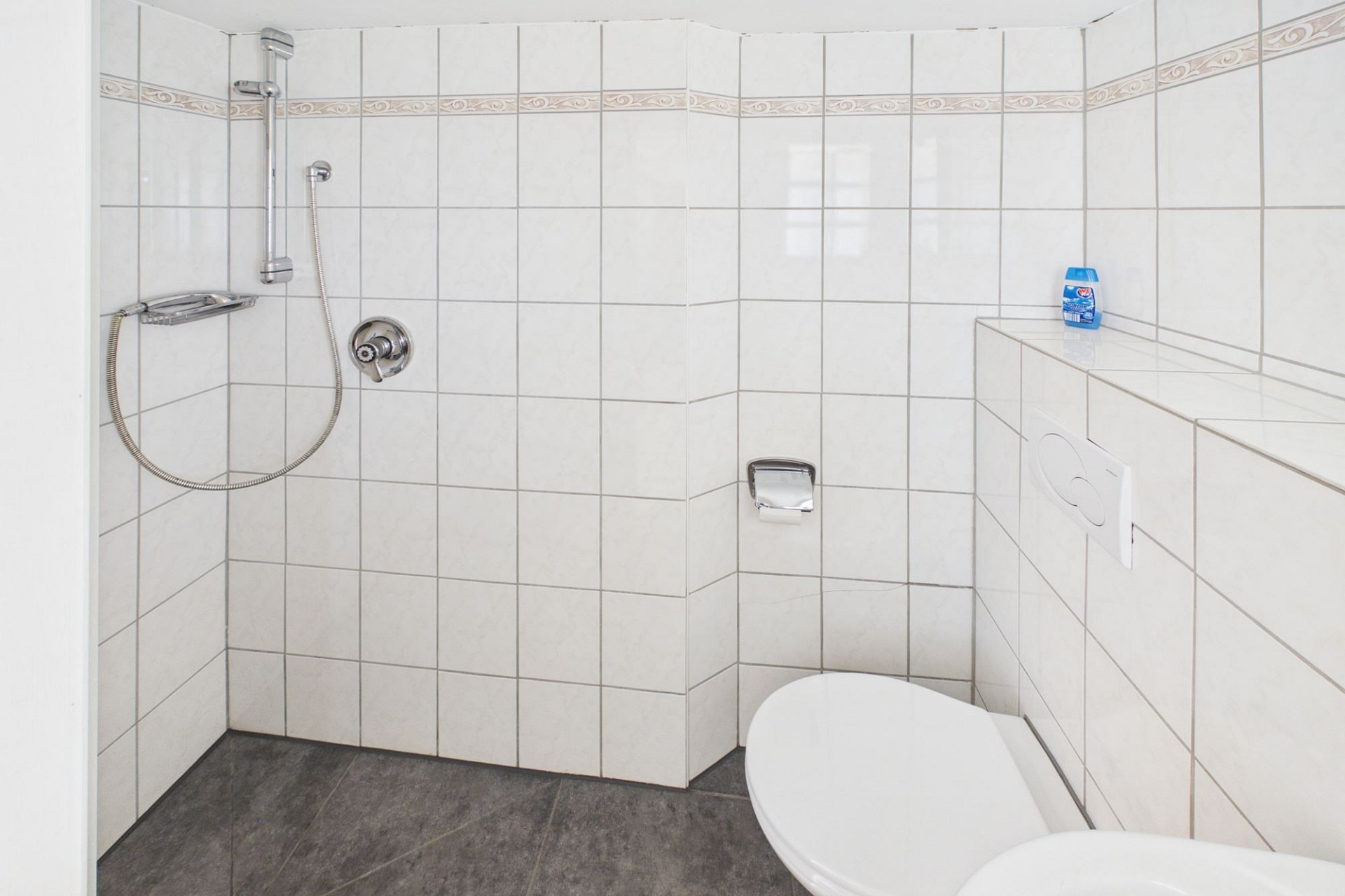 Modernes Badezimmer mit bodengleicher Dusche und WC