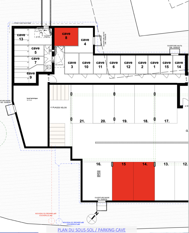 Grundriss eines Parkkellers mit mehreren Kellerräumen und Technikbereich