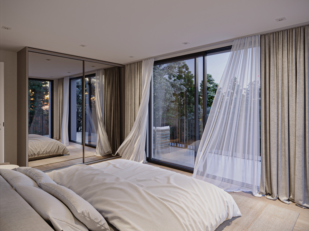 Modernes Schlafzimmer mit bodentiefen Fenstern und Balkonblick