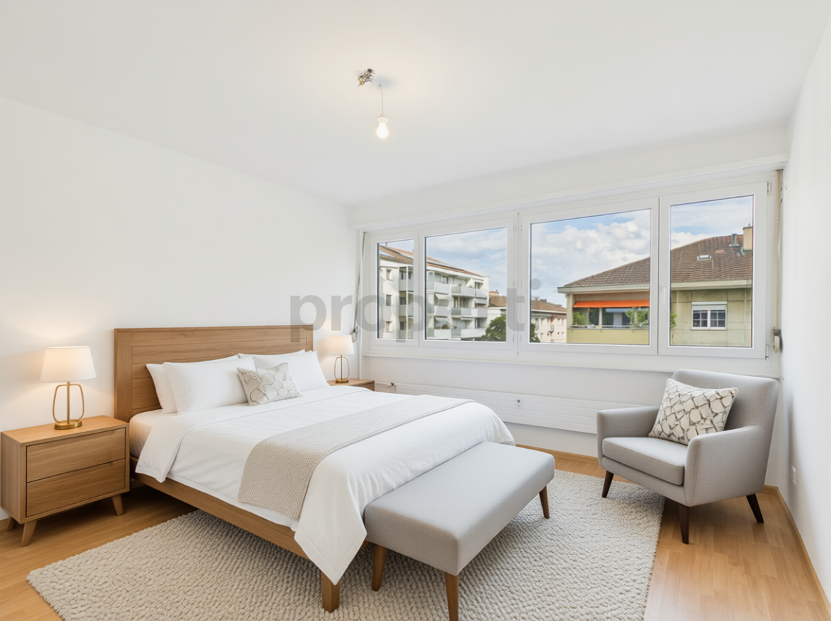Helles Schlafzimmer mit großem Fenster