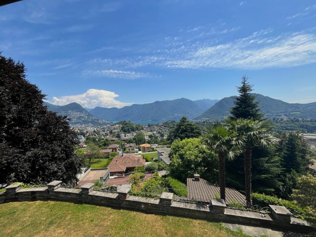 Panoramablick über See, Stadt und Berge