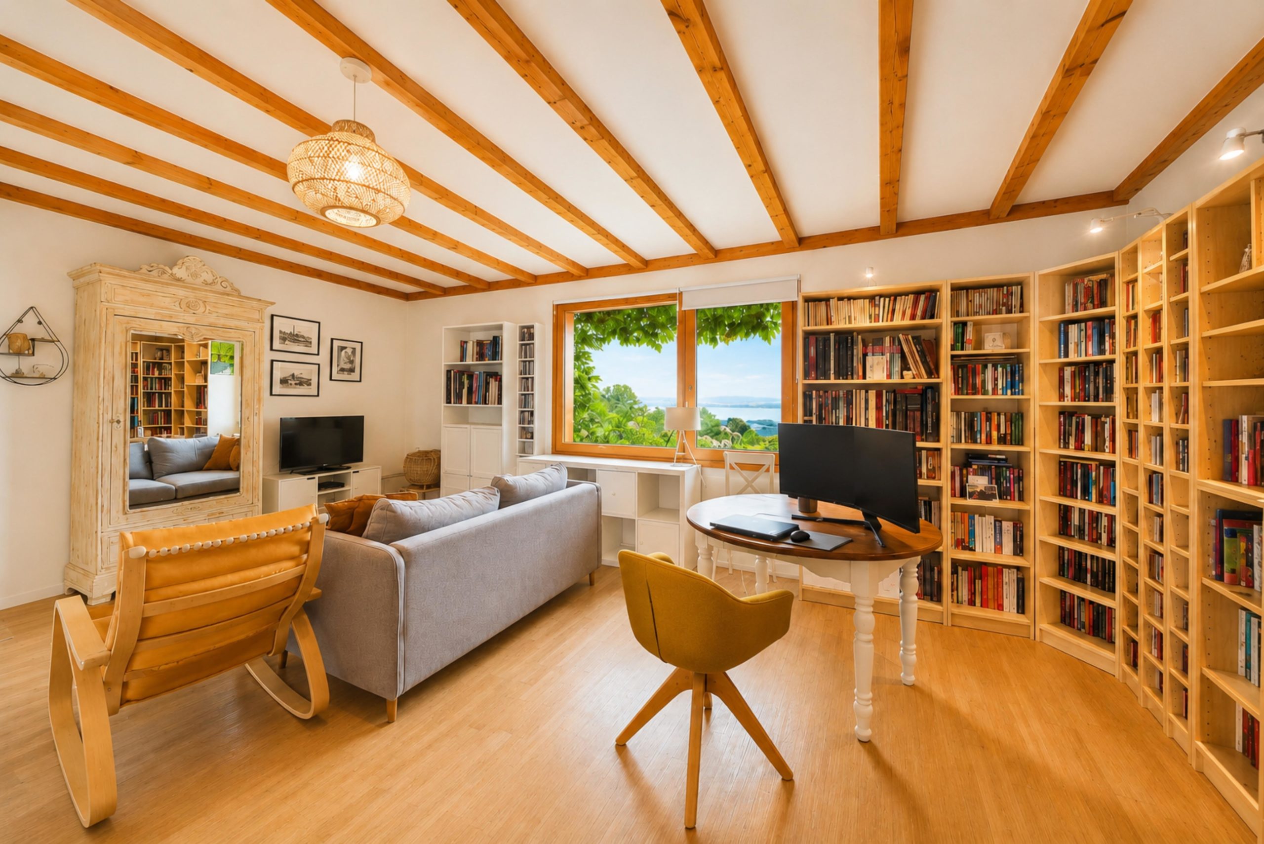 Helles Arbeits- und Wohnzimmer mit Bibliothekswand