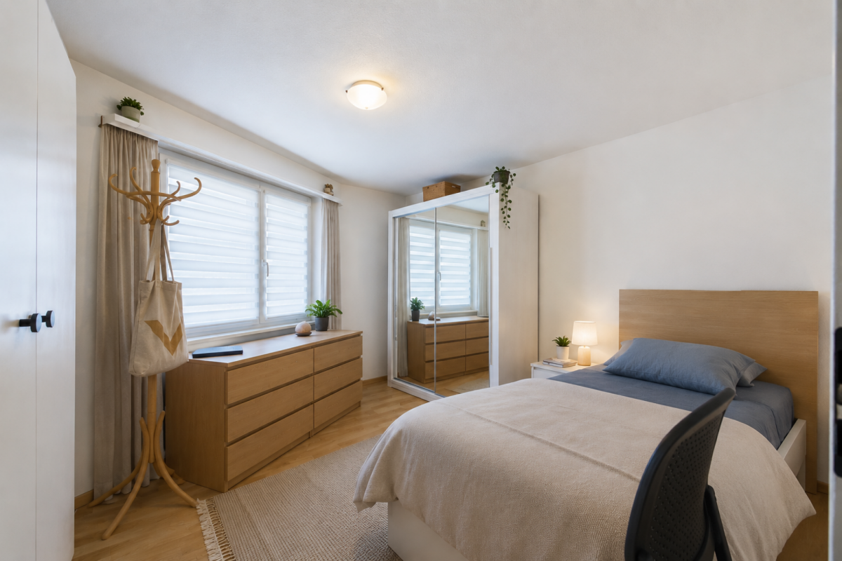 Helles Schlafzimmer mit schlichtem, modernem Interieur