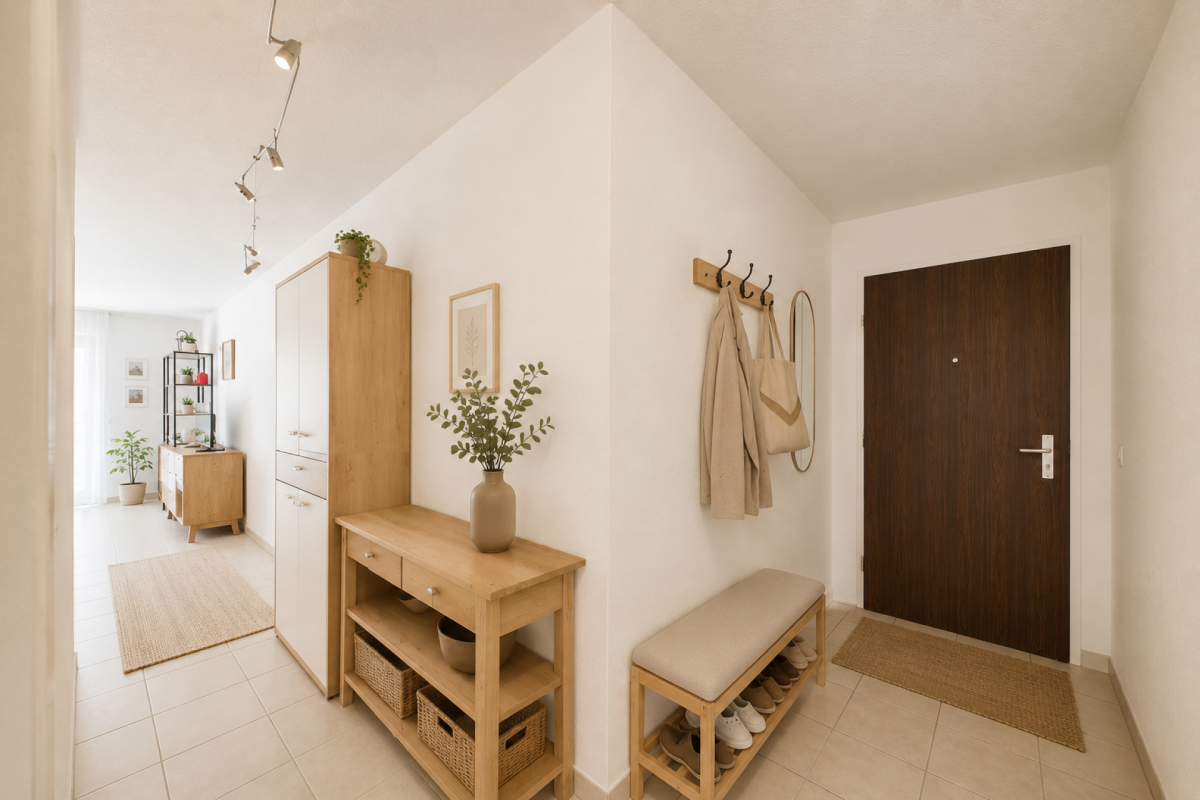 Heller Eingangsbereich mit Holzmöbeln