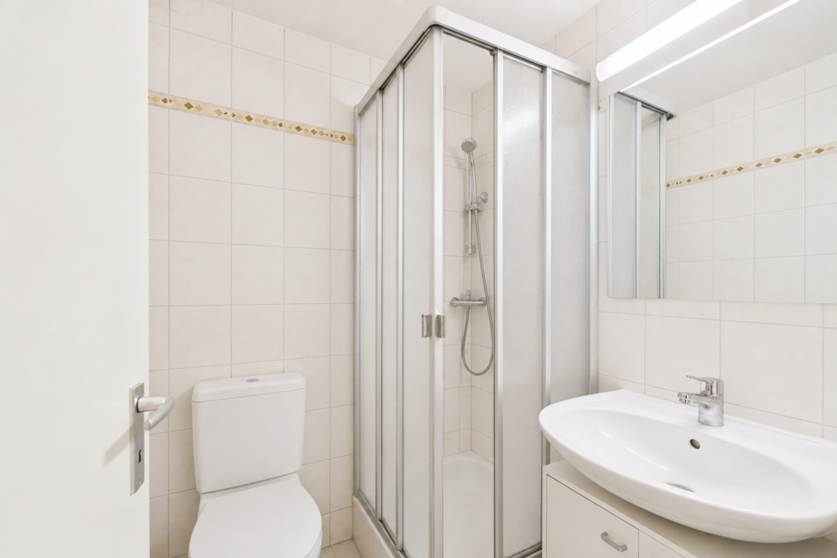 Kleines weißes Badezimmer mit Dusche und WC