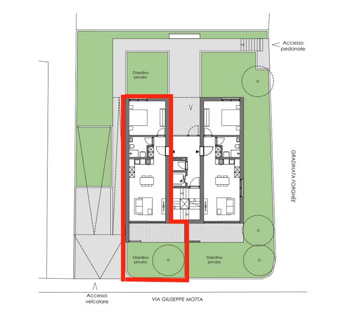Grundriss eines Wohngebäudes mit Grundstück