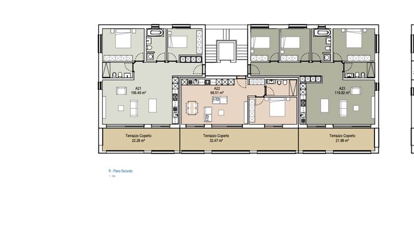 Grundriss einer Etage mit drei Wohnungen und Terrassen