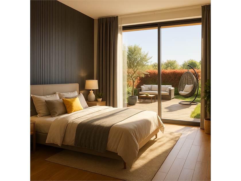 Modernes Schlafzimmer mit Gartenblick