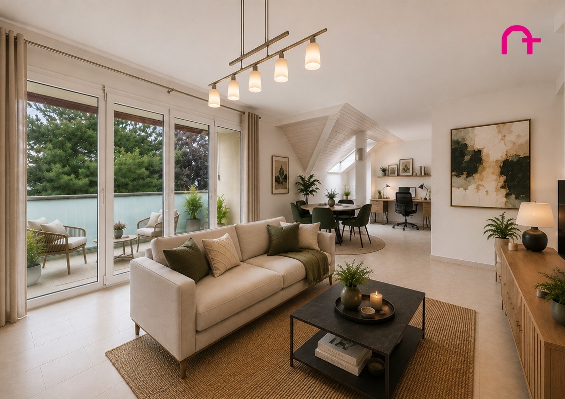 Heller offener Wohnbereich mit Balkon und Homeoffice-Ecke