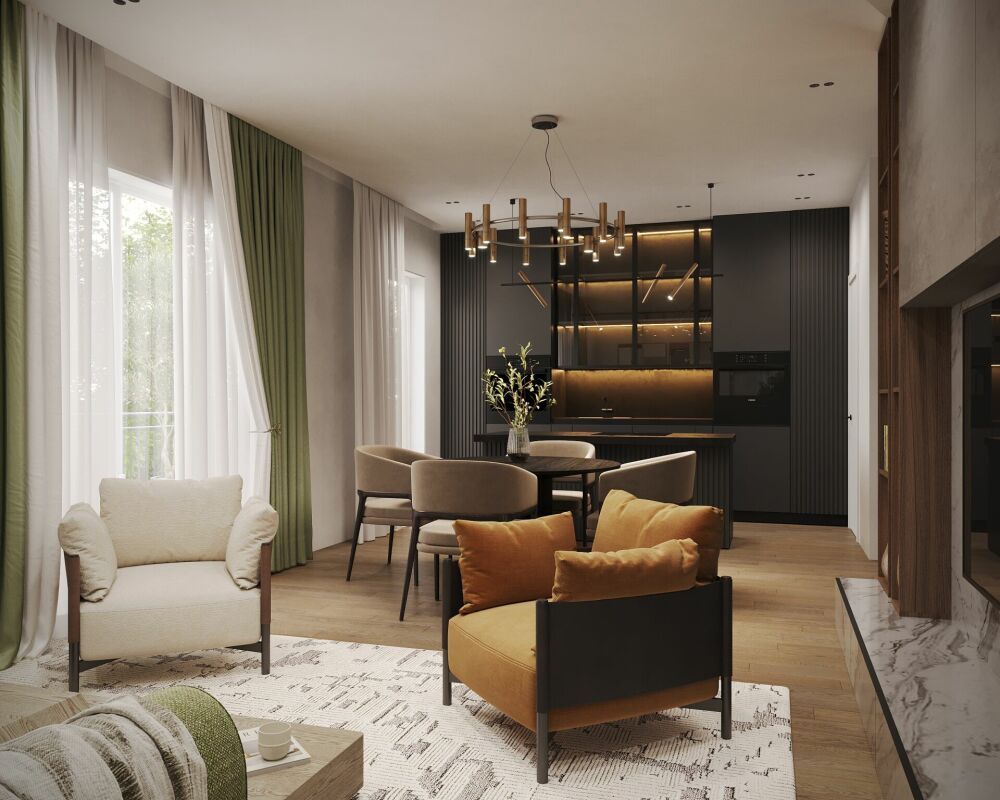 Modernes Wohn- und Esszimmer mit offener Küche