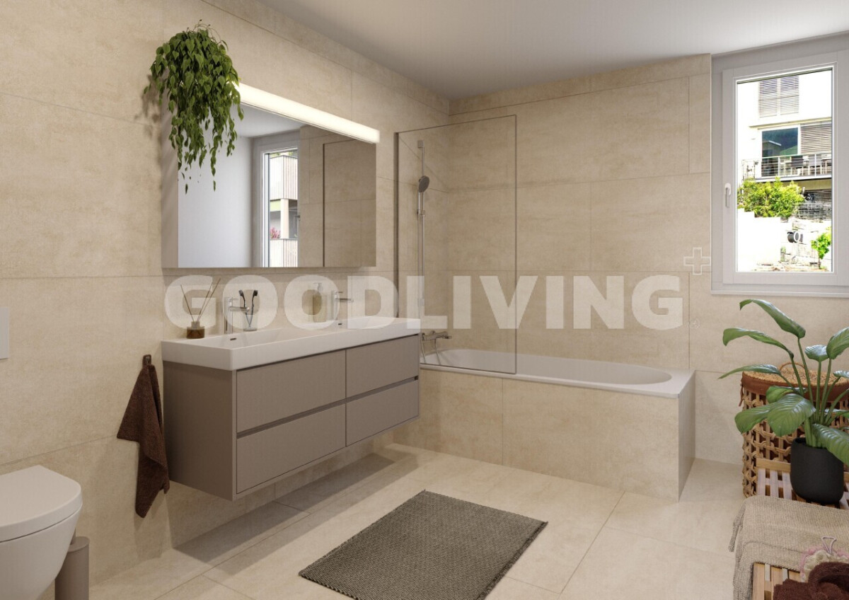 Modernes Badezimmer mit Badewanne und Doppelwaschtisch