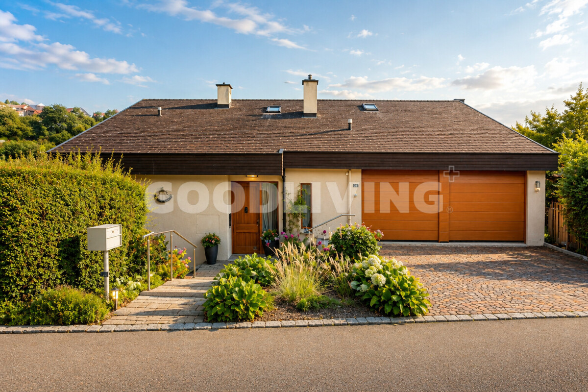 Einfamilienhaus mit Einfahrt und Gartenfront