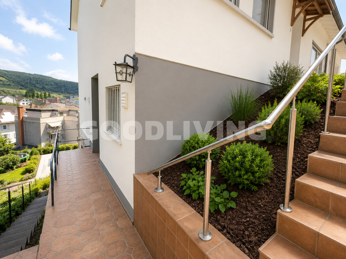 Außenansicht einer modernen Hauszufahrt mit Treppe und bepflanztem Hang
