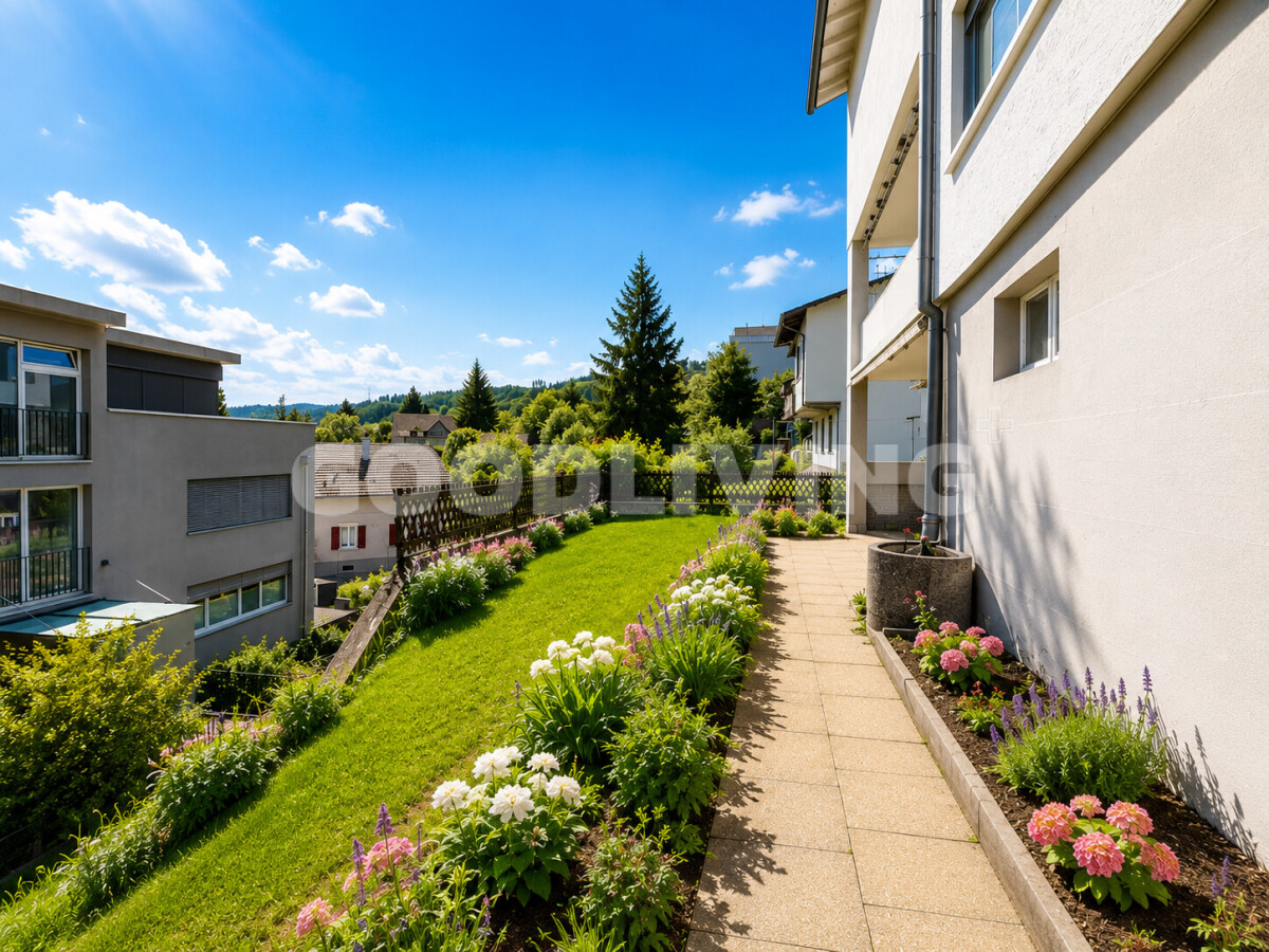 Gepflegter Gartenweg neben einem Wohnhaus
