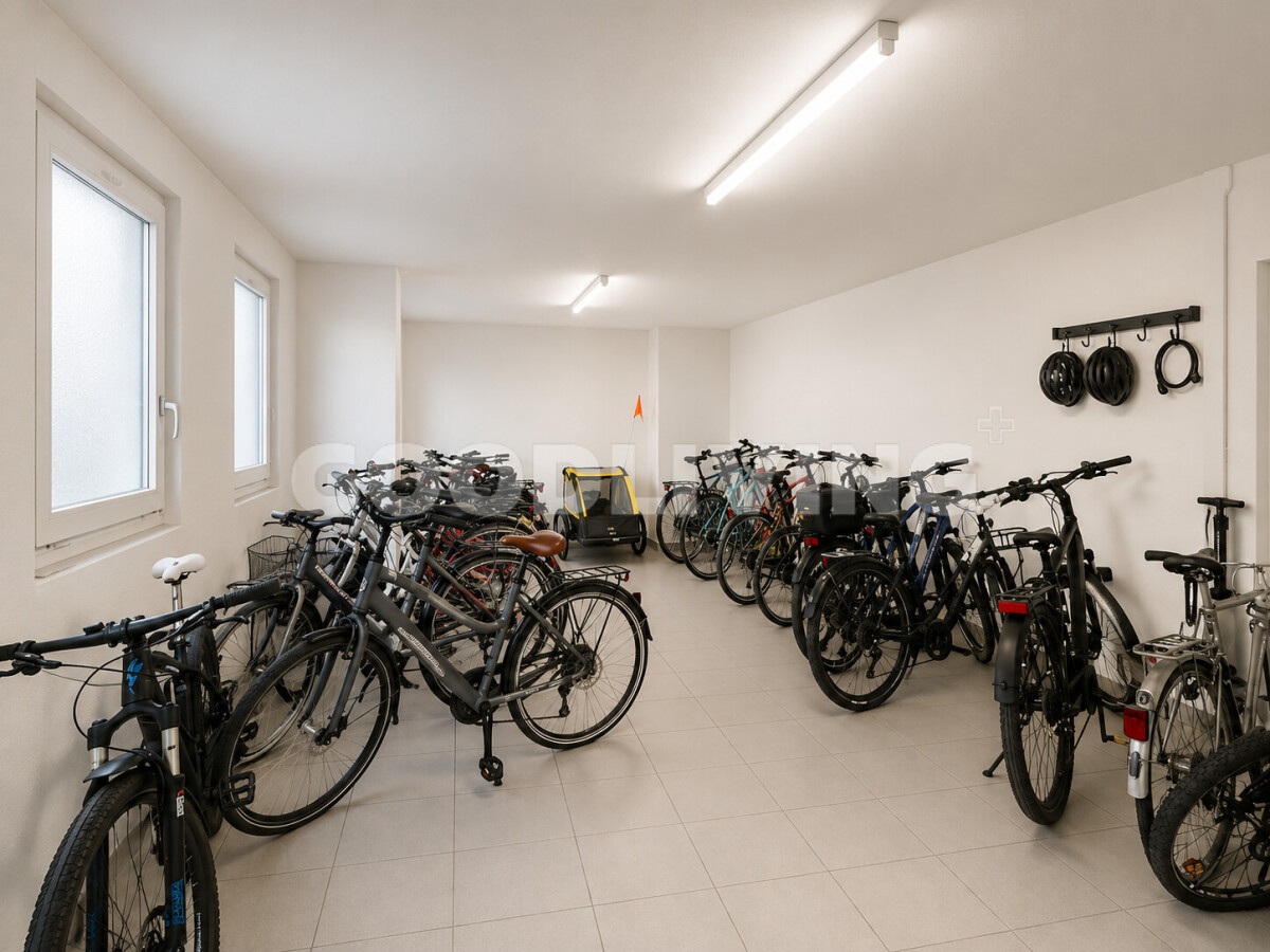 Fahrradraum mit vielen abgestellten Rädern