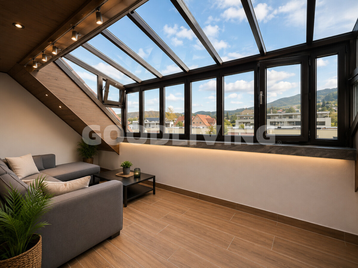 Heller Dachgeschoss-Wohnraum mit großflächiger Glasfront