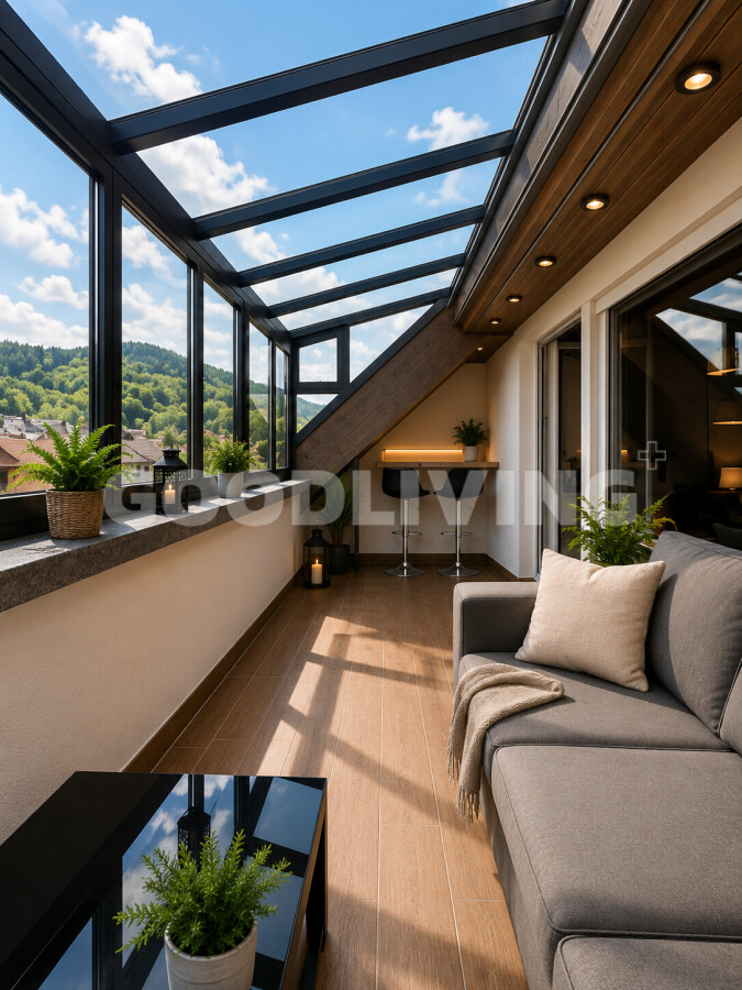 Verglaster Balkon mit Lounge-Ecke