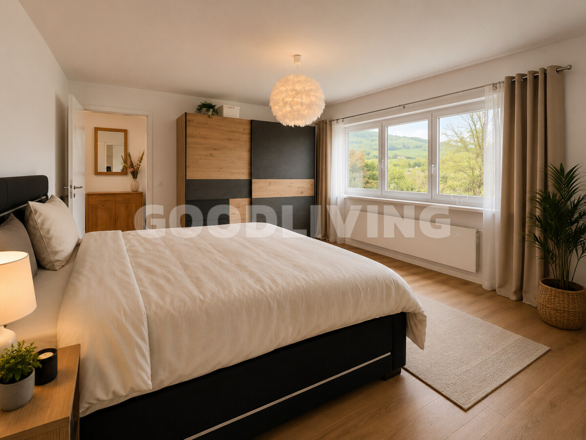 Helles Schlafzimmer mit Bergblick