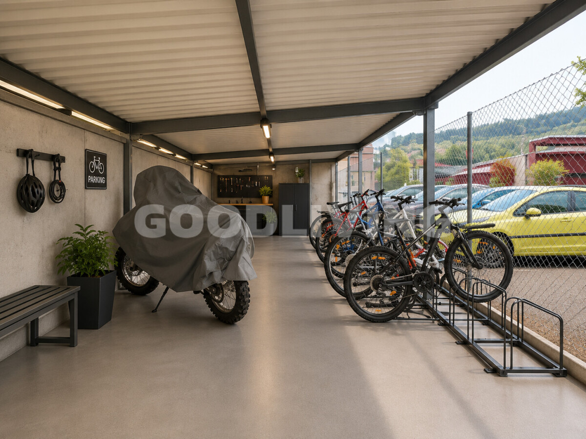 Überdachter Fahrrad- und Stellplatzbereich