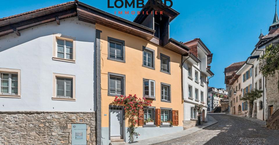 Historische Häuserzeile an einer gepflasterten Straße