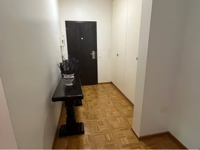 Heller Flur mit Holzboden und Einbauschränken