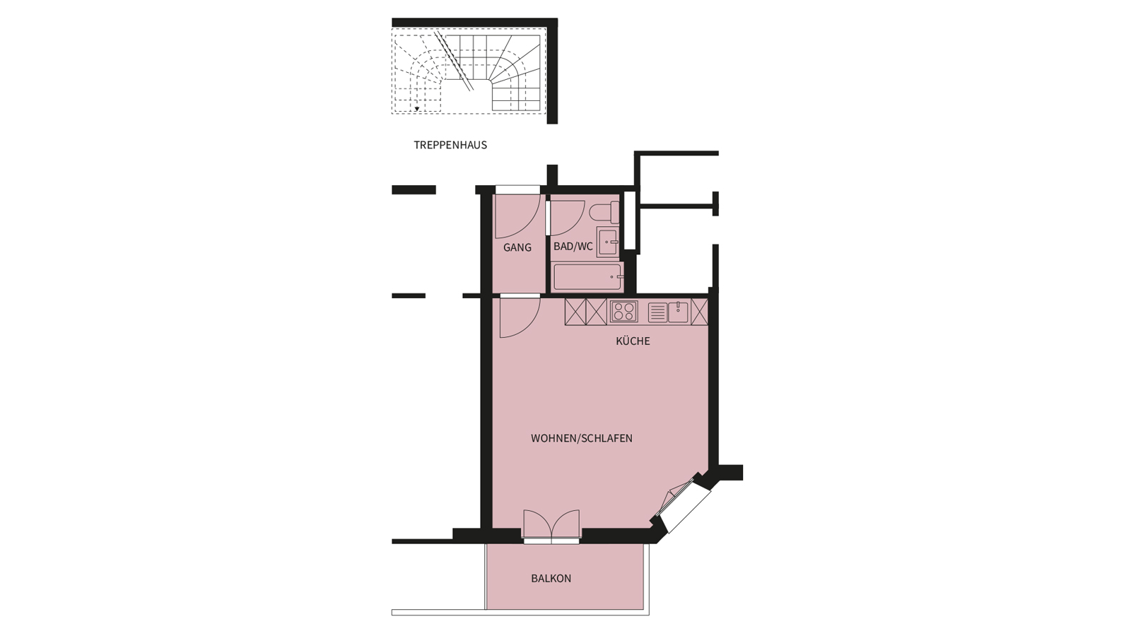 Grundriss mit Treppenhaus, Gang, Bad/WC, Küche, Wohn-/Schlafbereich und Balkon