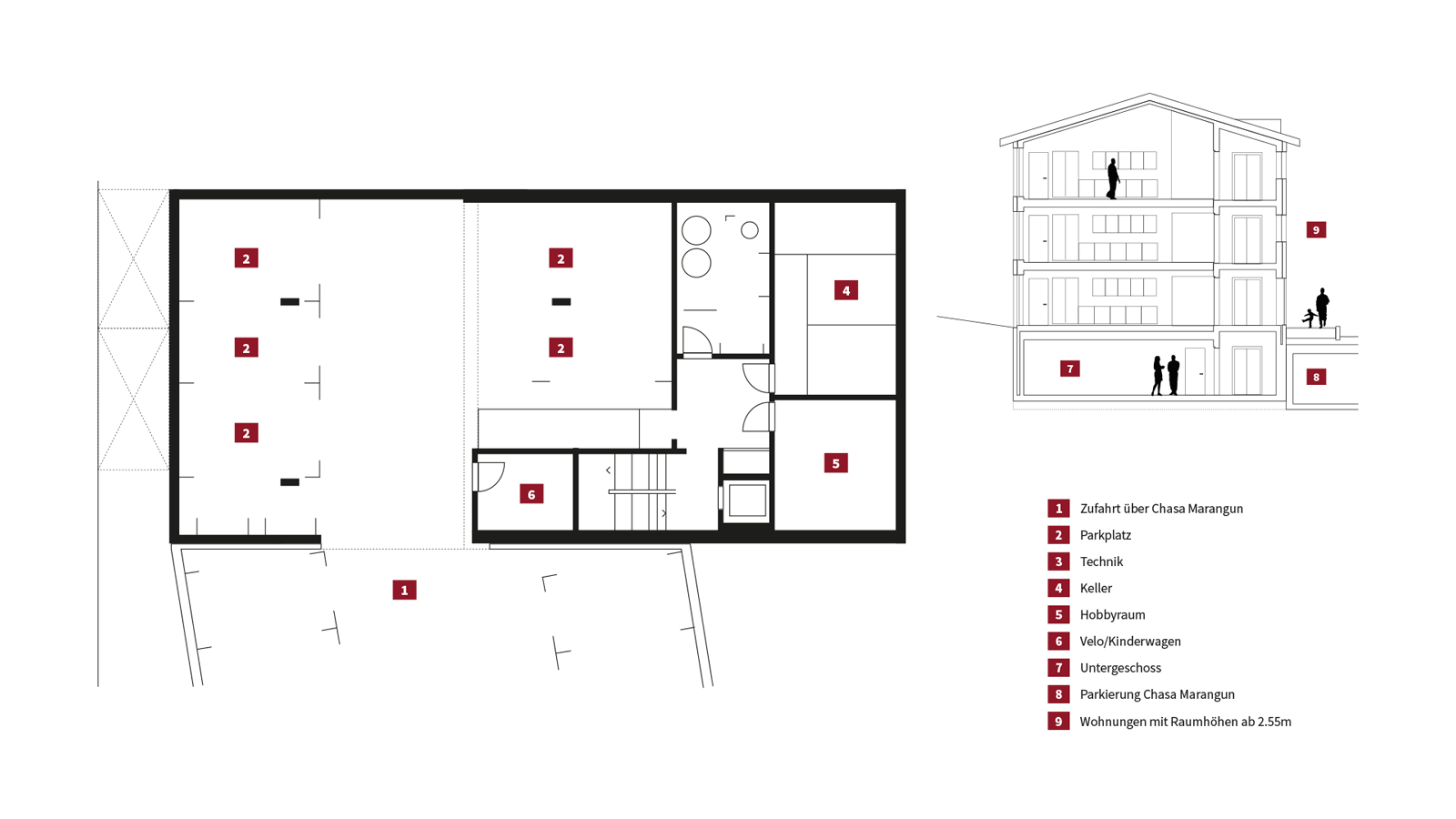 Grundriss eines Mehrparteienhauses mit Tiefgarage und Nebenräumen