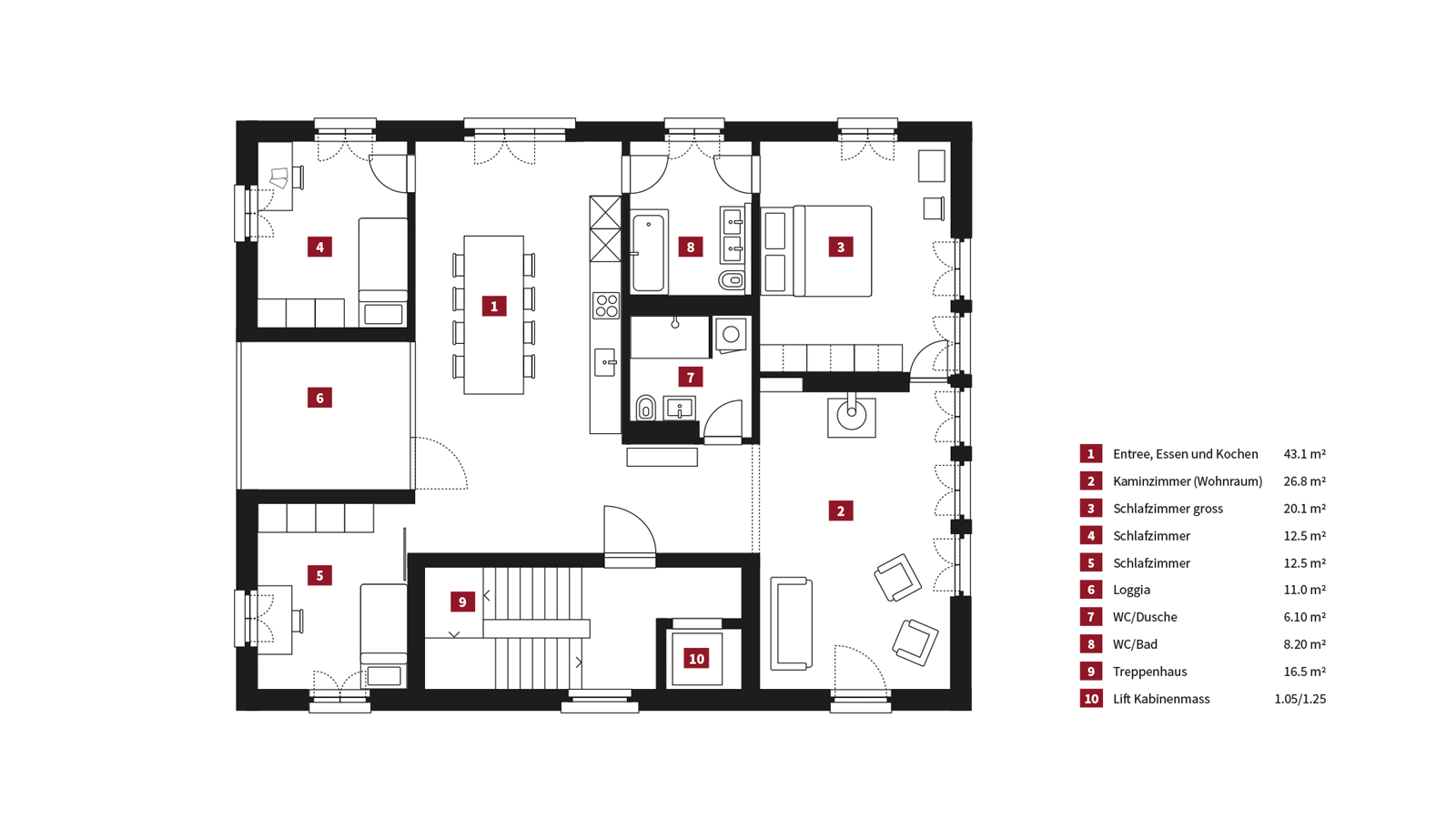 Grundriss einer Wohnung mit 10 markierten Bereichen