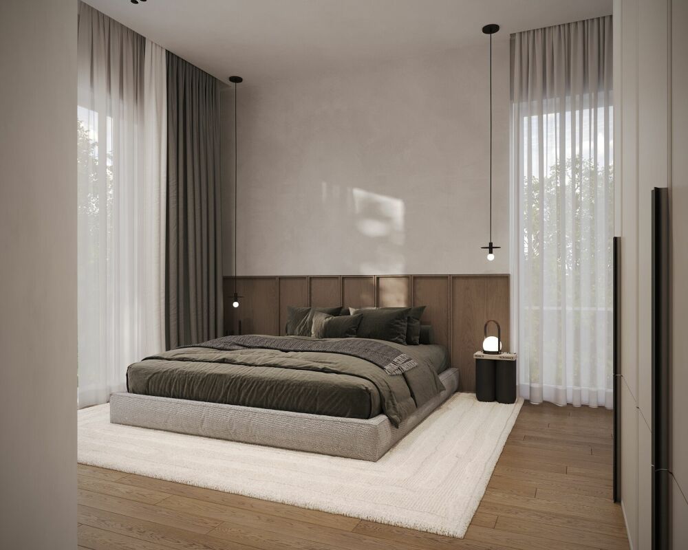 Modernes Schlafzimmer mit großen Fenstern