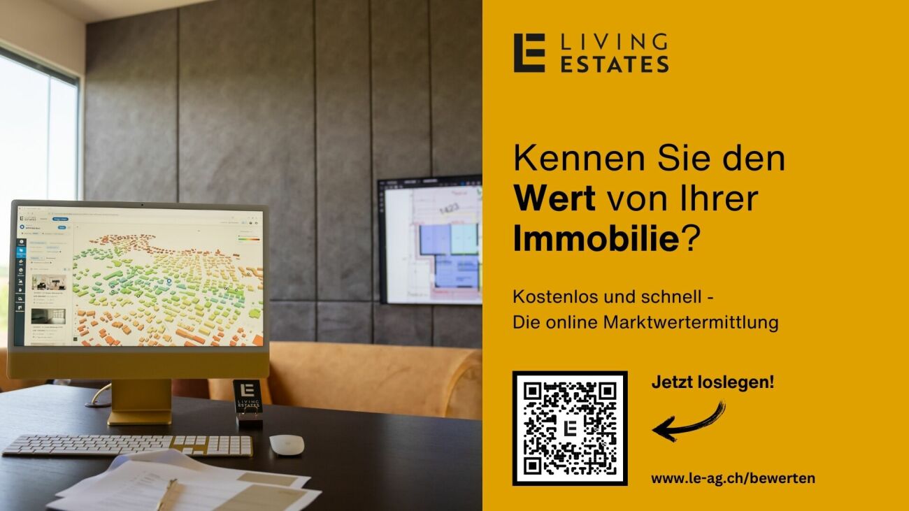 Büro-/Werbeszene mit Immobilien-Monitor und Anzeige