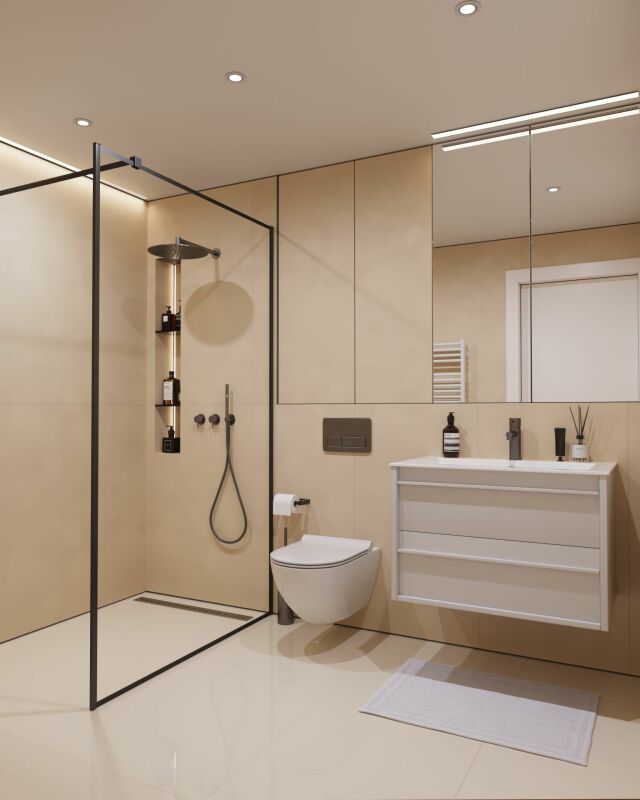 Modernes Badezimmer mit Walk-in-Dusche und wandhängendem WC