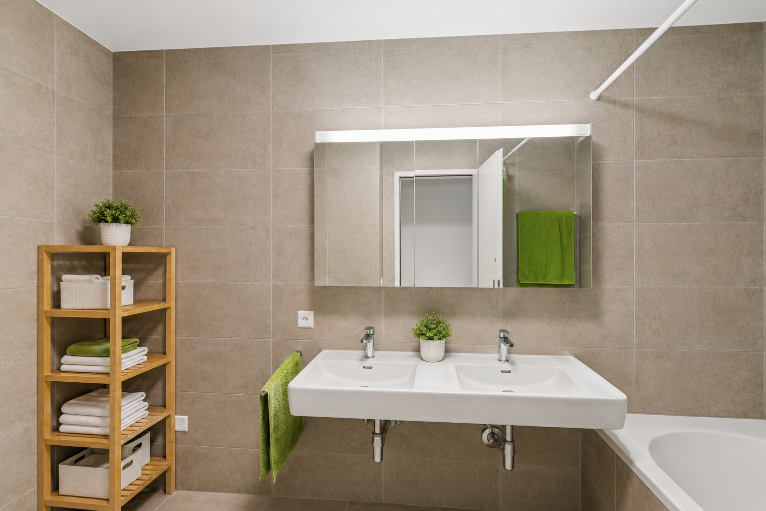 Modernes Badezimmer mit Doppelwaschtisch und Badewanne