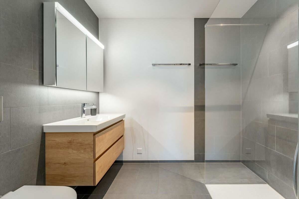 Modernes Badezimmer mit Walk-in-Dusche und Waschtisch