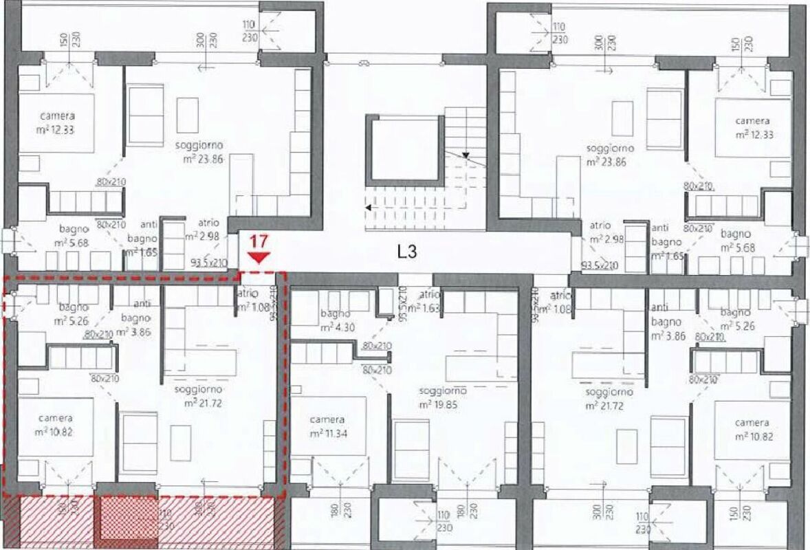 Mehrere Wohnungsgrundrisse mit markierter Einheit