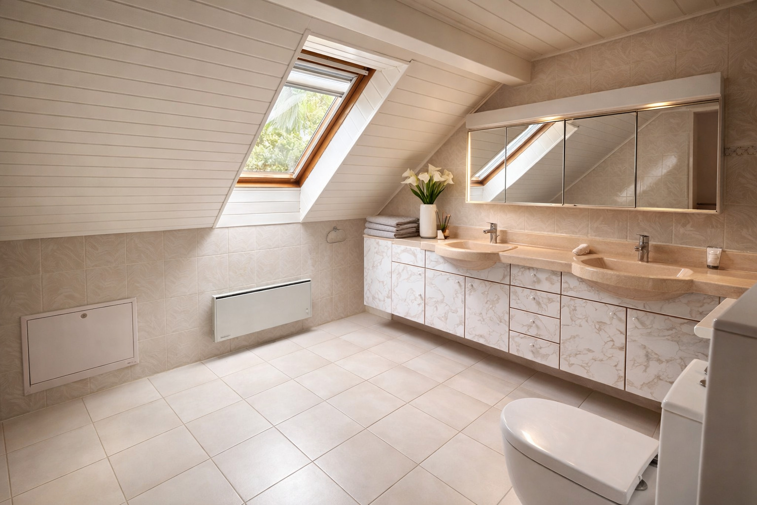 Helles Badezimmer mit Dachfenster