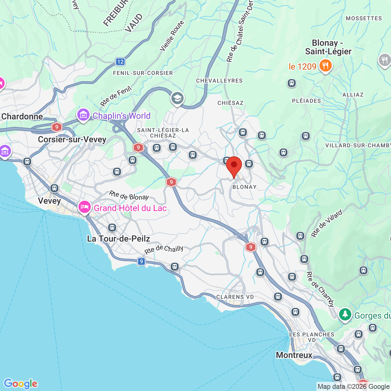 Kartenausschnitt der Region Vevey–Montreux mit Markierung bei Blonay