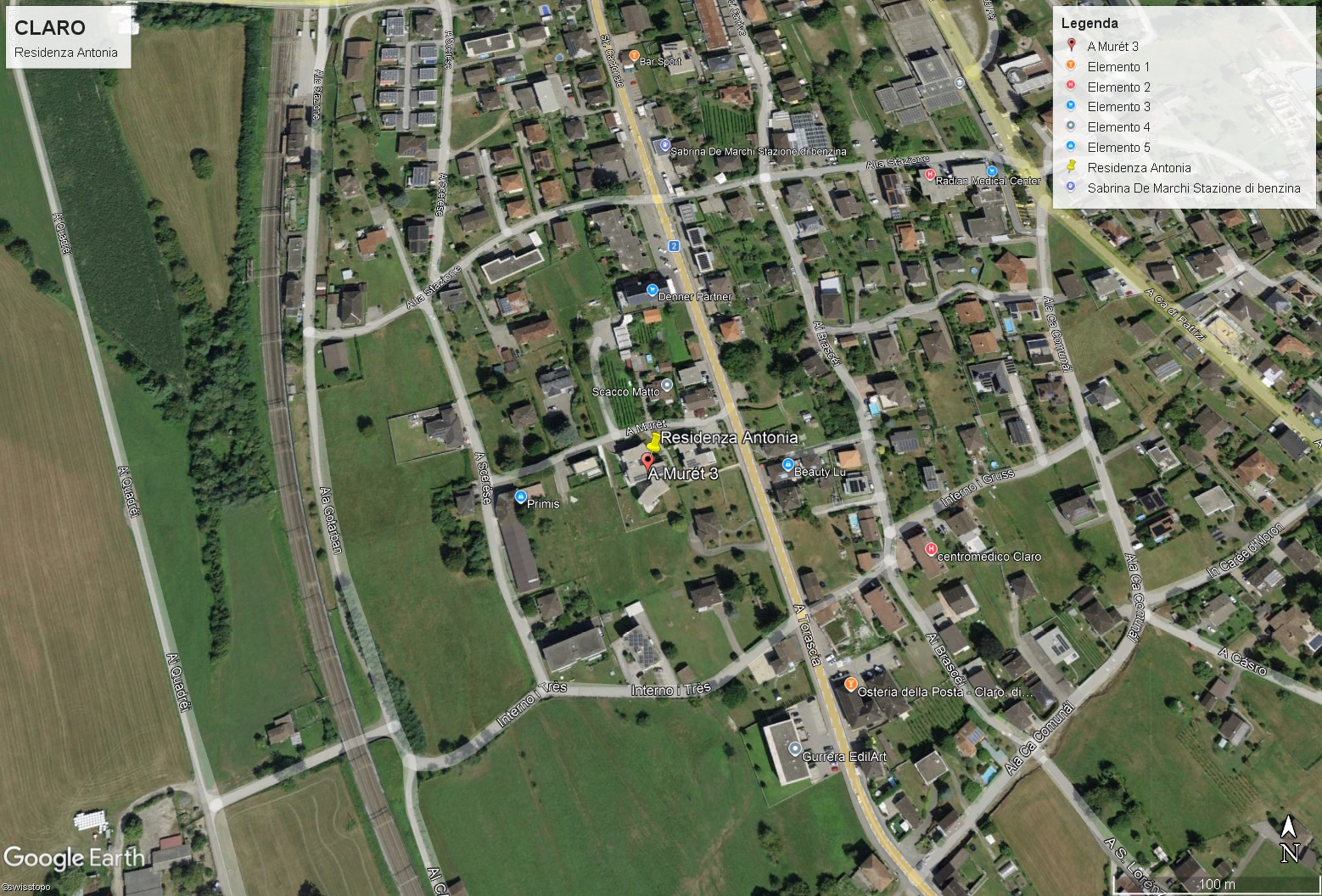 Satellitenansicht eines Wohngebiets mit markiertem Standort
