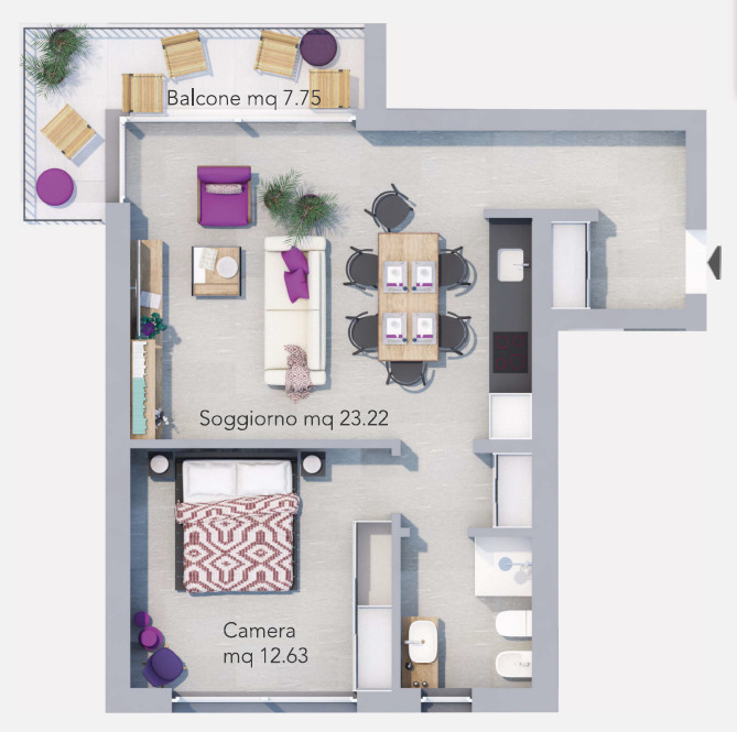 Grundriss einer Wohnung mit Balkon, Wohnzimmer, Schlafzimmer und Badbereich
