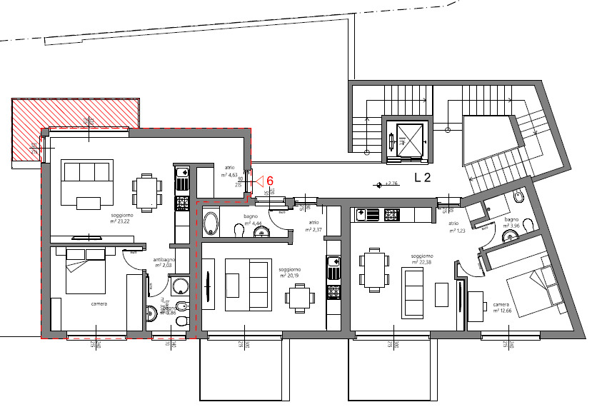 Grundriss mit mehreren Wohnungen und Treppenhaus